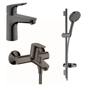 Hansgrohe Focus 單把手面盆龍頭+Focus 單把手浴缸龍頭+Select S 淋浴花灑套裝 (拋光黑鉻) (31607330+31940330+26630330)